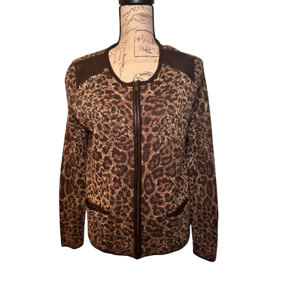 Chico’s Size 1 Soft Faux Leather trim zip leopard cardigan